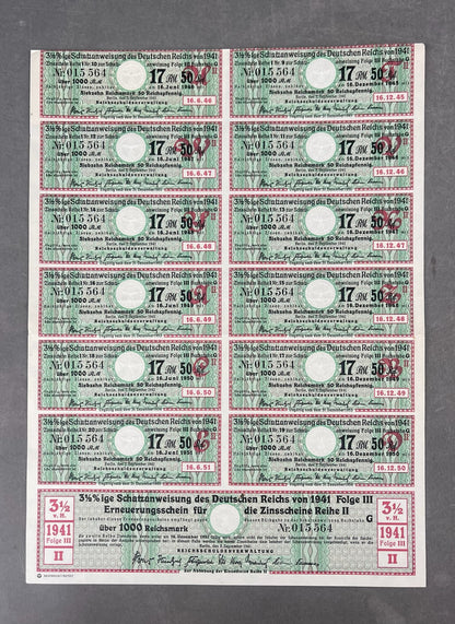 WW2 Tysk Ark med ubrugte statsobligationer "Schatzanweisung". Sjælden. Original.