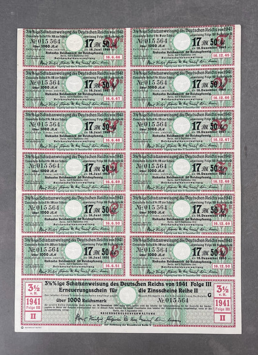 WW2 Tysk Ark med ubrugte statsobligationer "Schatzanweisung". Sjælden. Original.