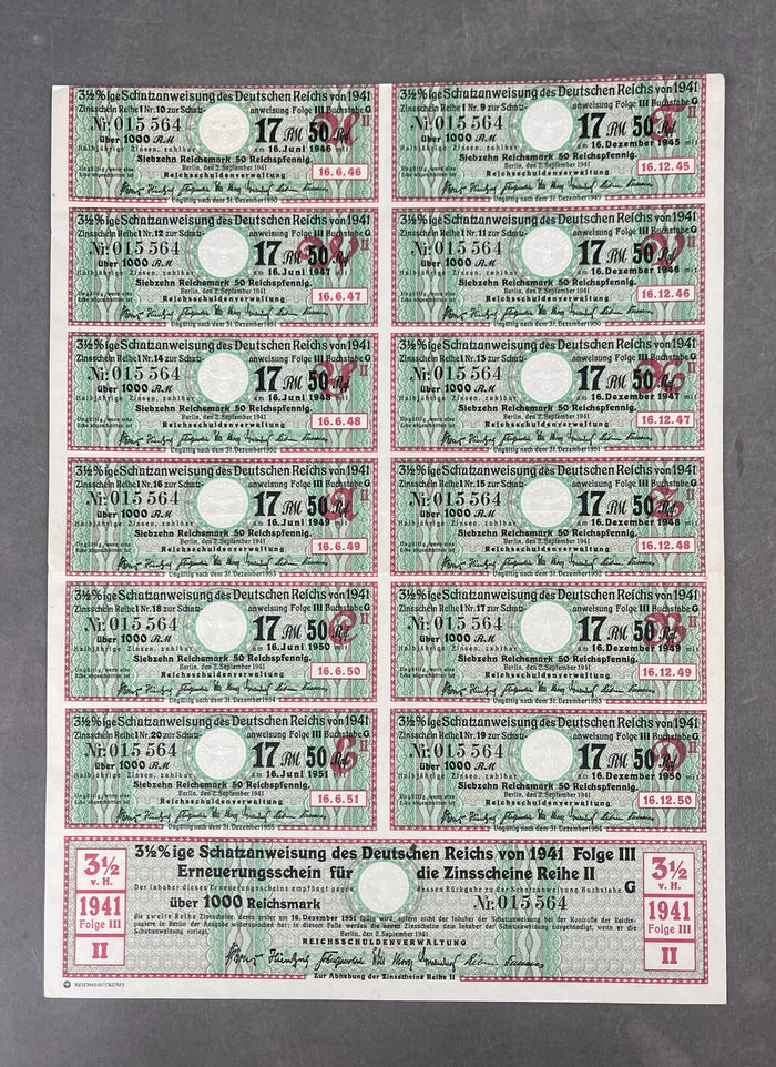 WW2 Tysk Ark med ubrugte statsobligationer "Schatzanweisung". Sjælden. Original.