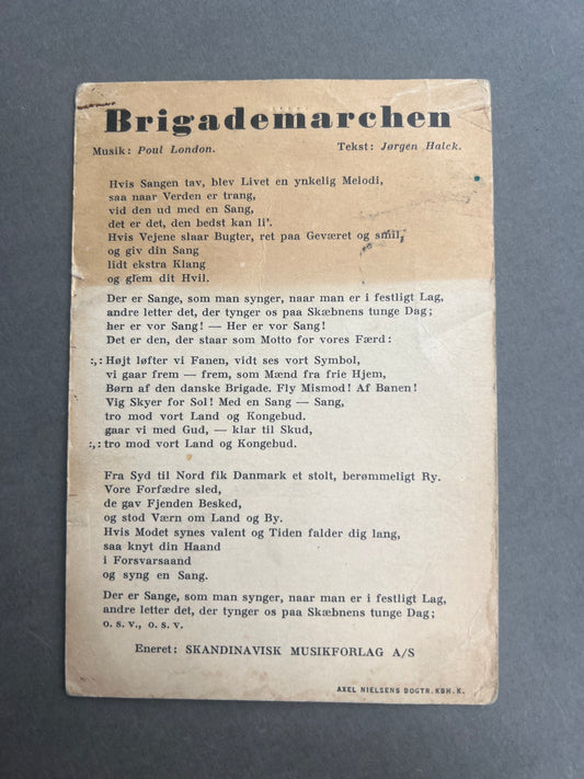 WW2 Dansk Postkort med "Brigademarchen" for den Danske Brigade i Sverige. Original.