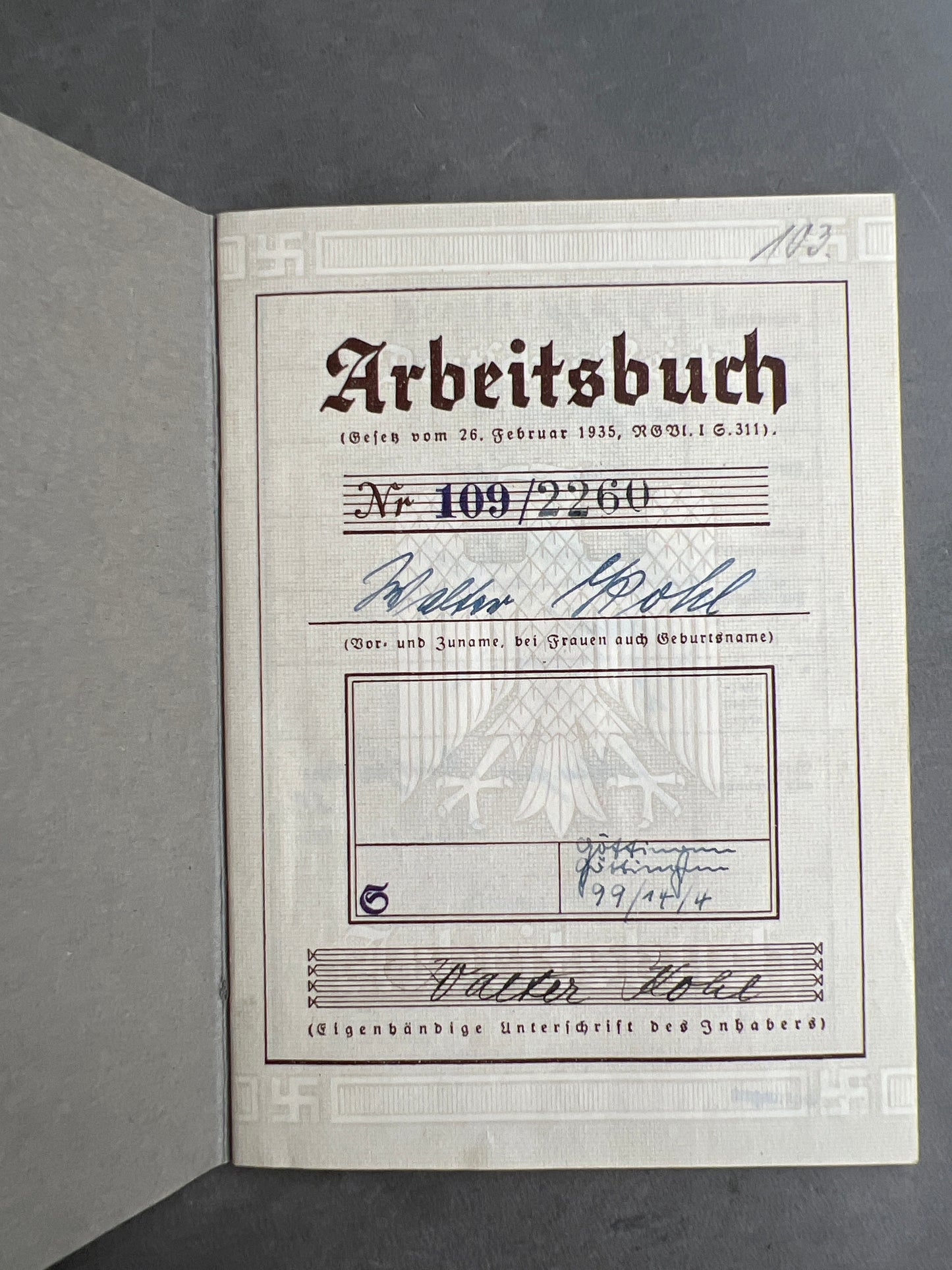 WW2 Tysk Arbeitsbuch. Original.