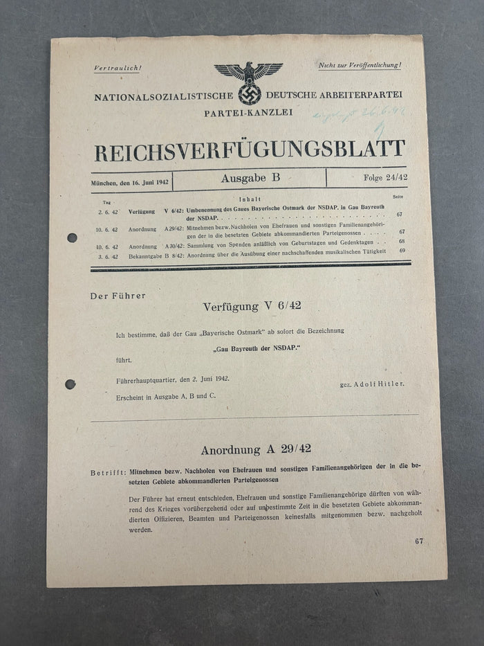 WW2 Tysk NSDAP "Reichsverfügungsblatt". Original.
