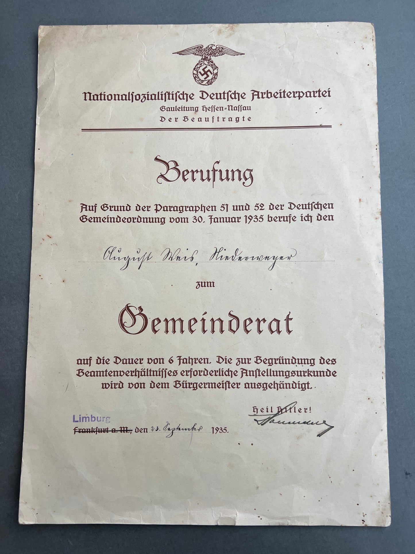 WW2 Tysk NSDAP Forfremmelse Urkunde. Original.
