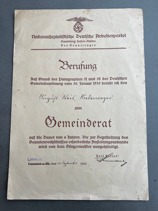 WW2 Tysk NSDAP Forfremmelse Urkunde. Original.