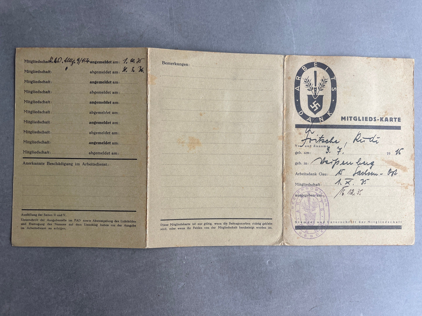 WW2 Tysk RAD Medlemsbog. Original.