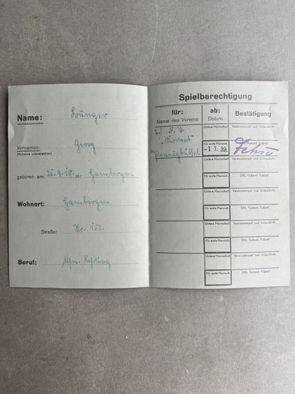 WW2 Tysk DRL"Fussball Spielerausweis". Sjælden. Original.
