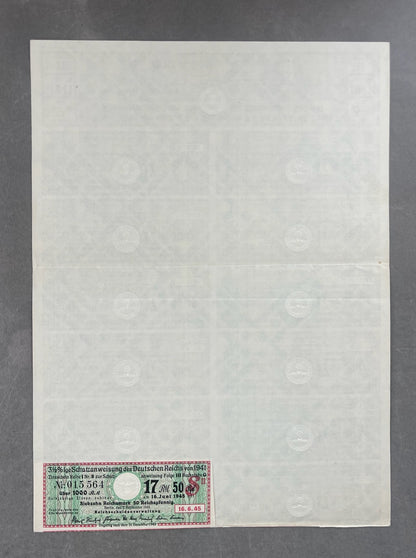 WW2 Tysk Ark med ubrugte statsobligationer "Schatzanweisung". Sjælden. Original.