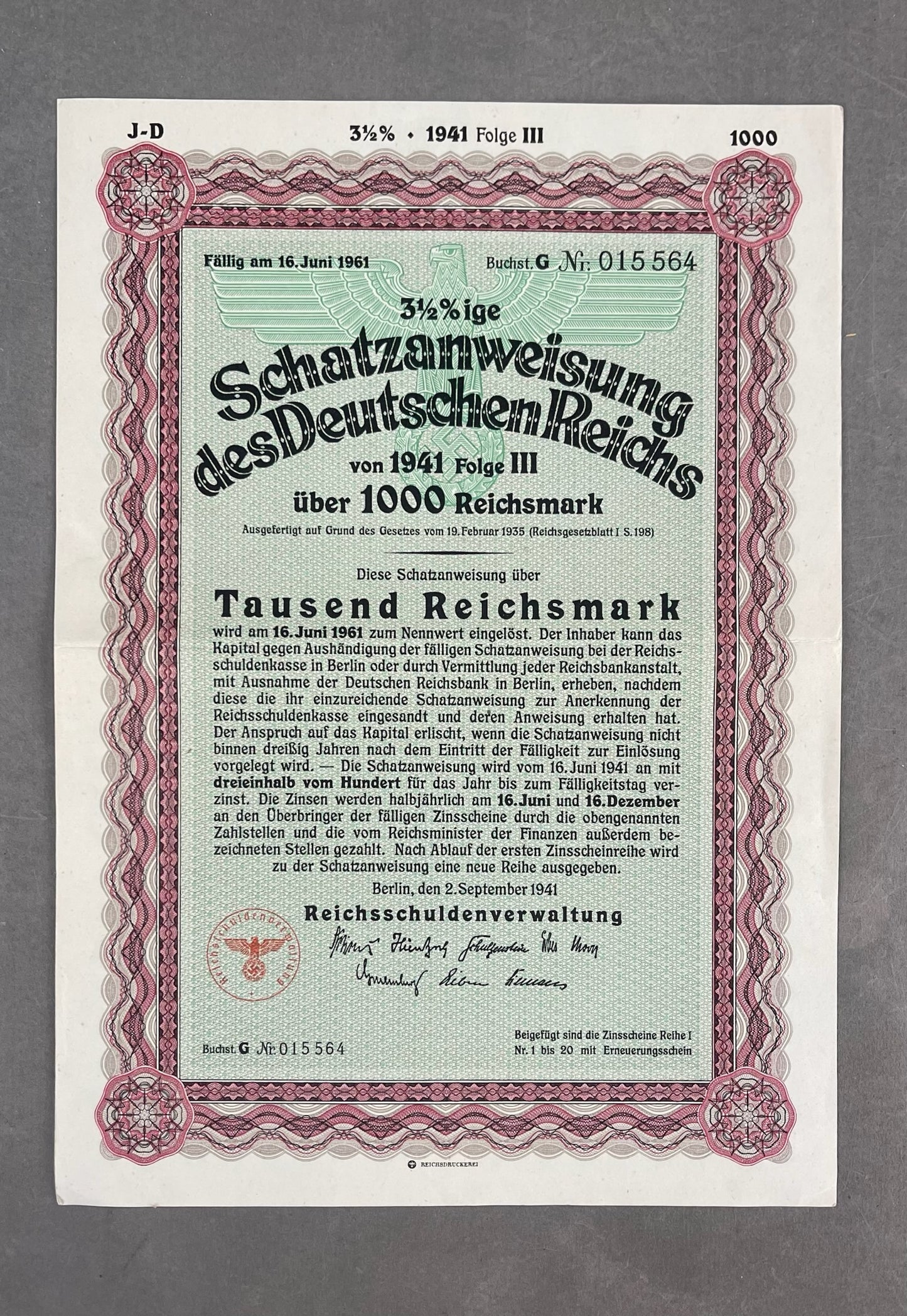 WW2 Tysk Stor Statsobligation "Schatzanweisung" på 1000 Reichsmark. Sjælden. Original.