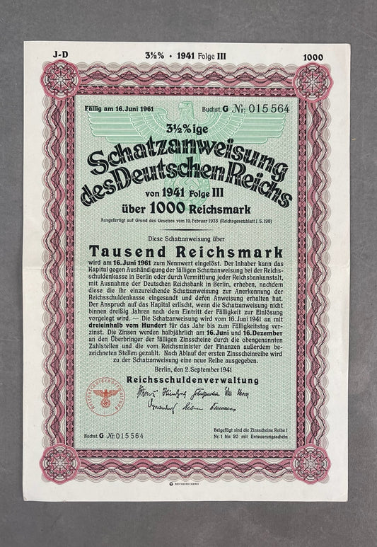 WW2 Tysk Stor Statsobligation "Schatzanweisung" på 1000 Reichsmark. Sjælden. Original.