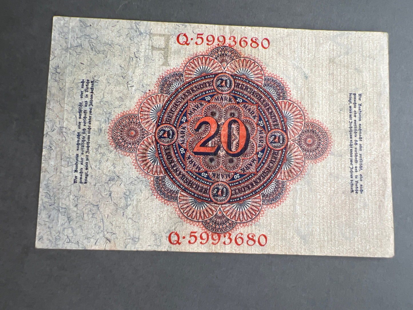 WW1 Tysk "Reichsbanknote" Pengeseddel. Fra 1914. Original.