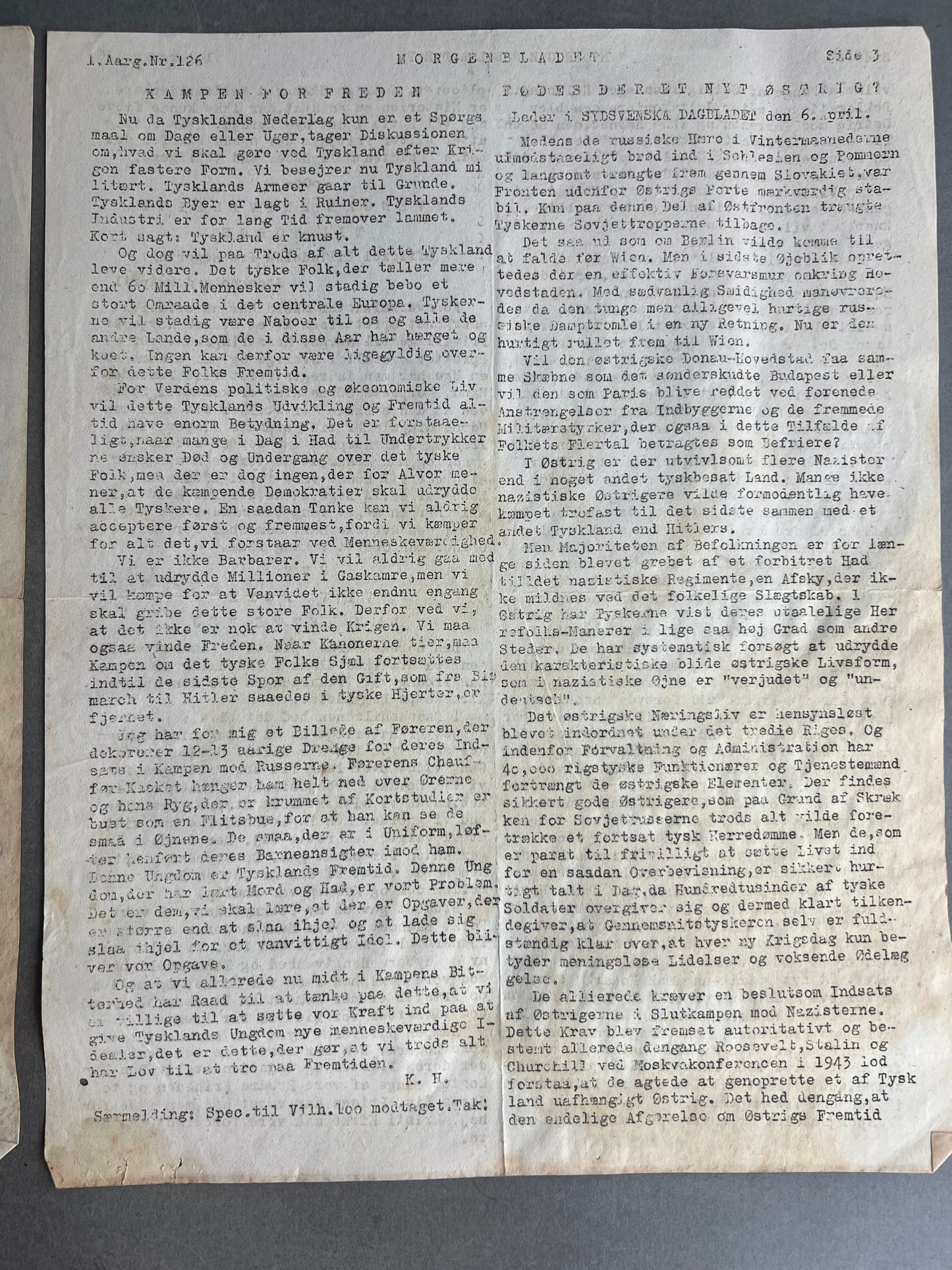 WW2 Dansk Illegalt Blad "Morgenbladet" fra 1945. Original.