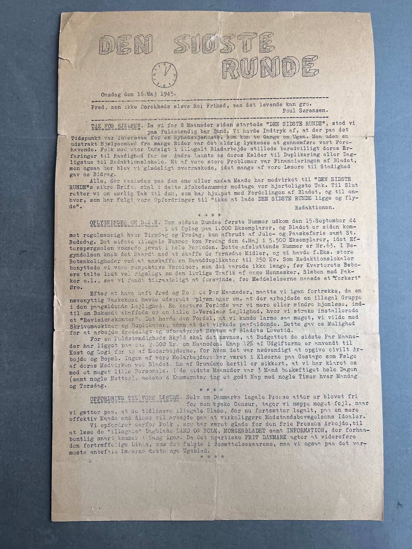 WW2 Dansk Illegalt "Den sidste runde". Original.