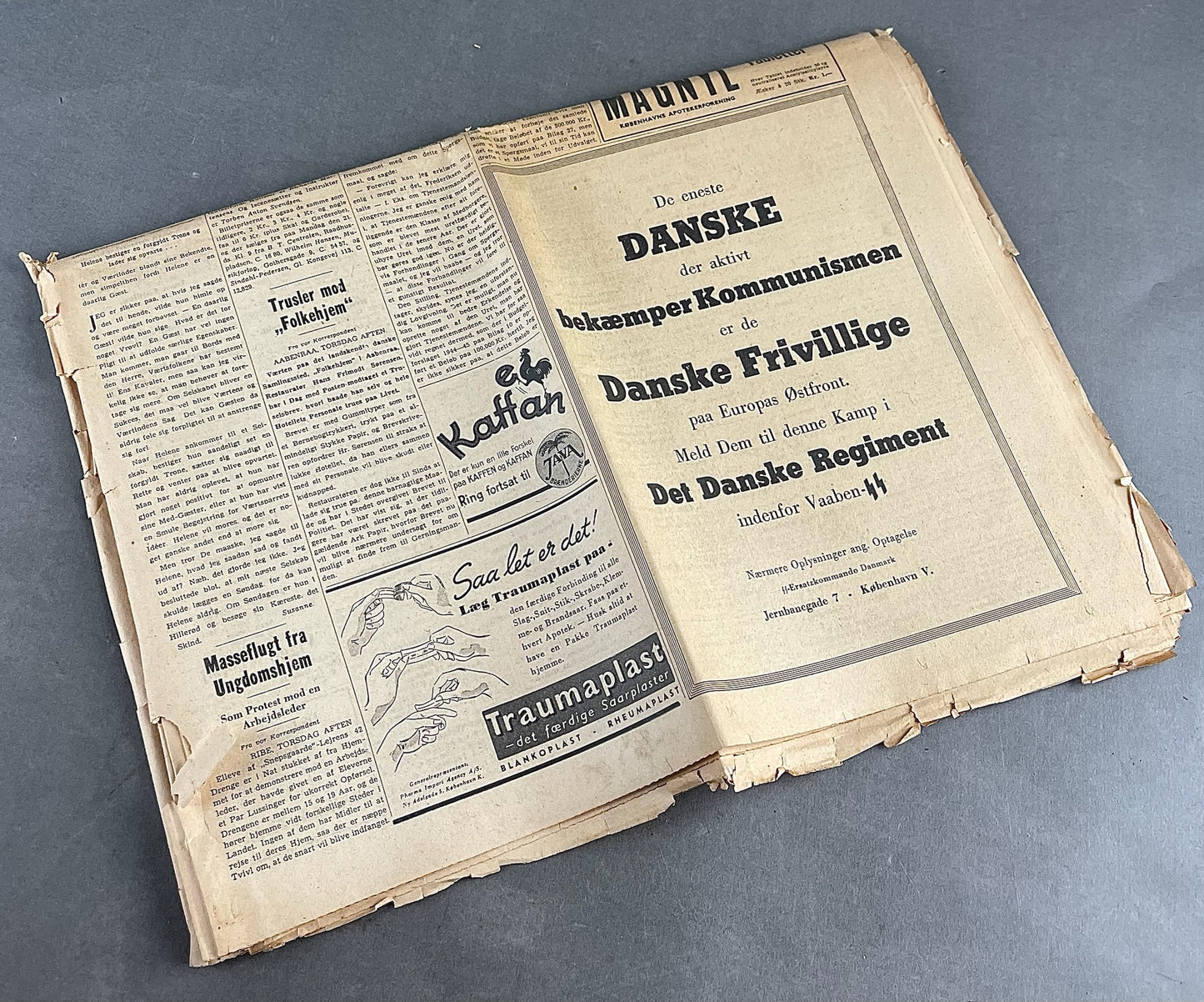 WW2 Dansk Avis med Frikorps Danmark Hverveannonce. Original.