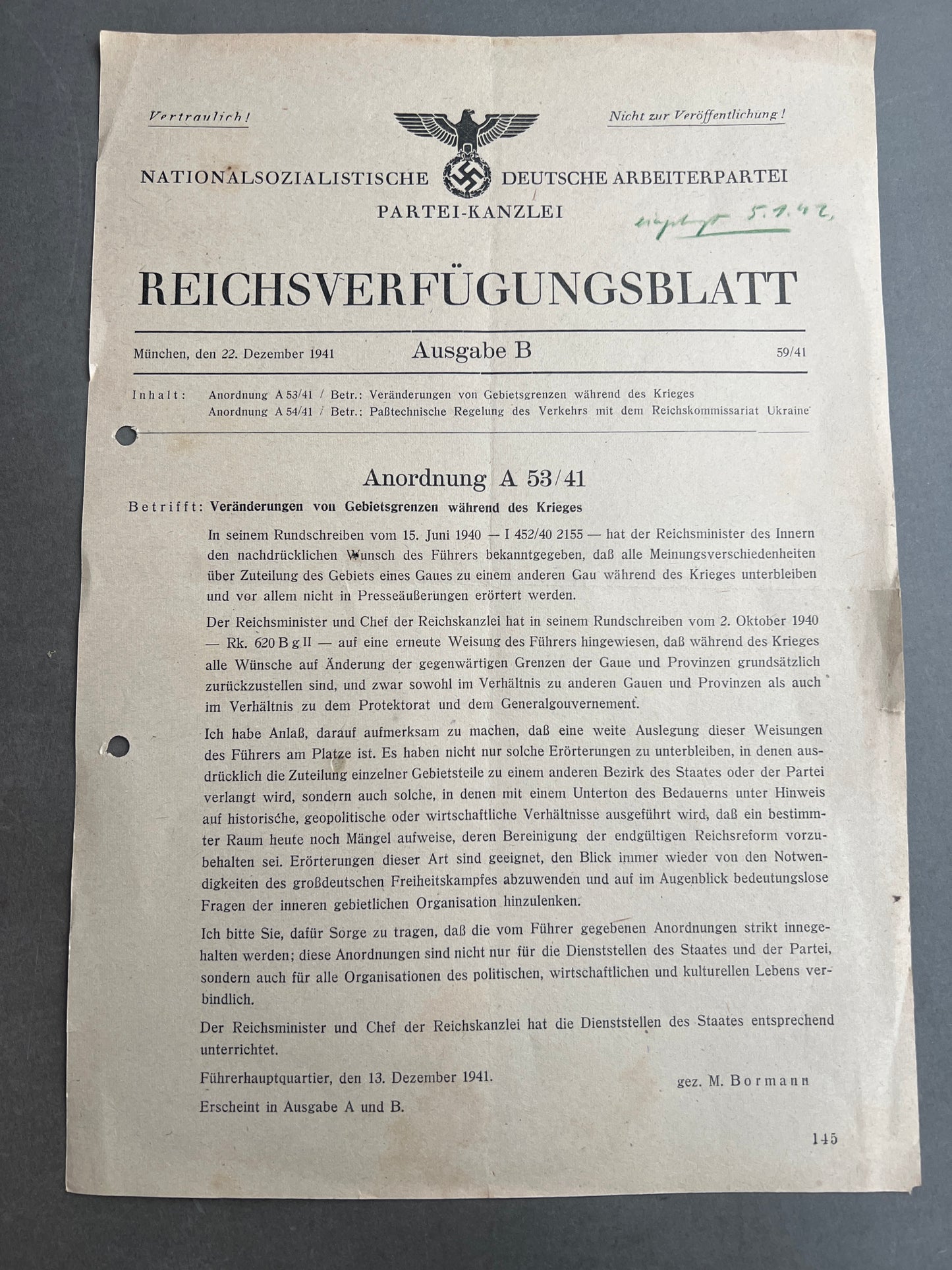 WW2 Tysk NSDAP "Reichsverfügungsblatt". Original.