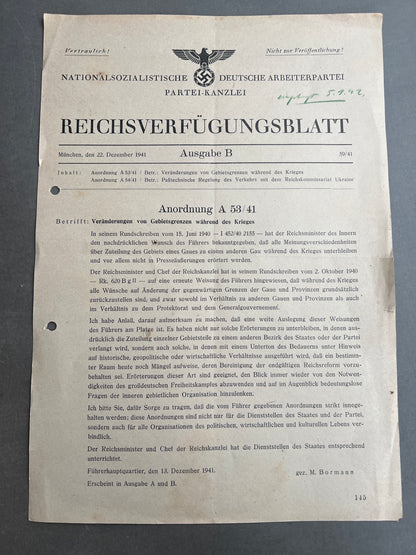 WW2 Tysk NSDAP "Reichsverfügungsblatt". Original.