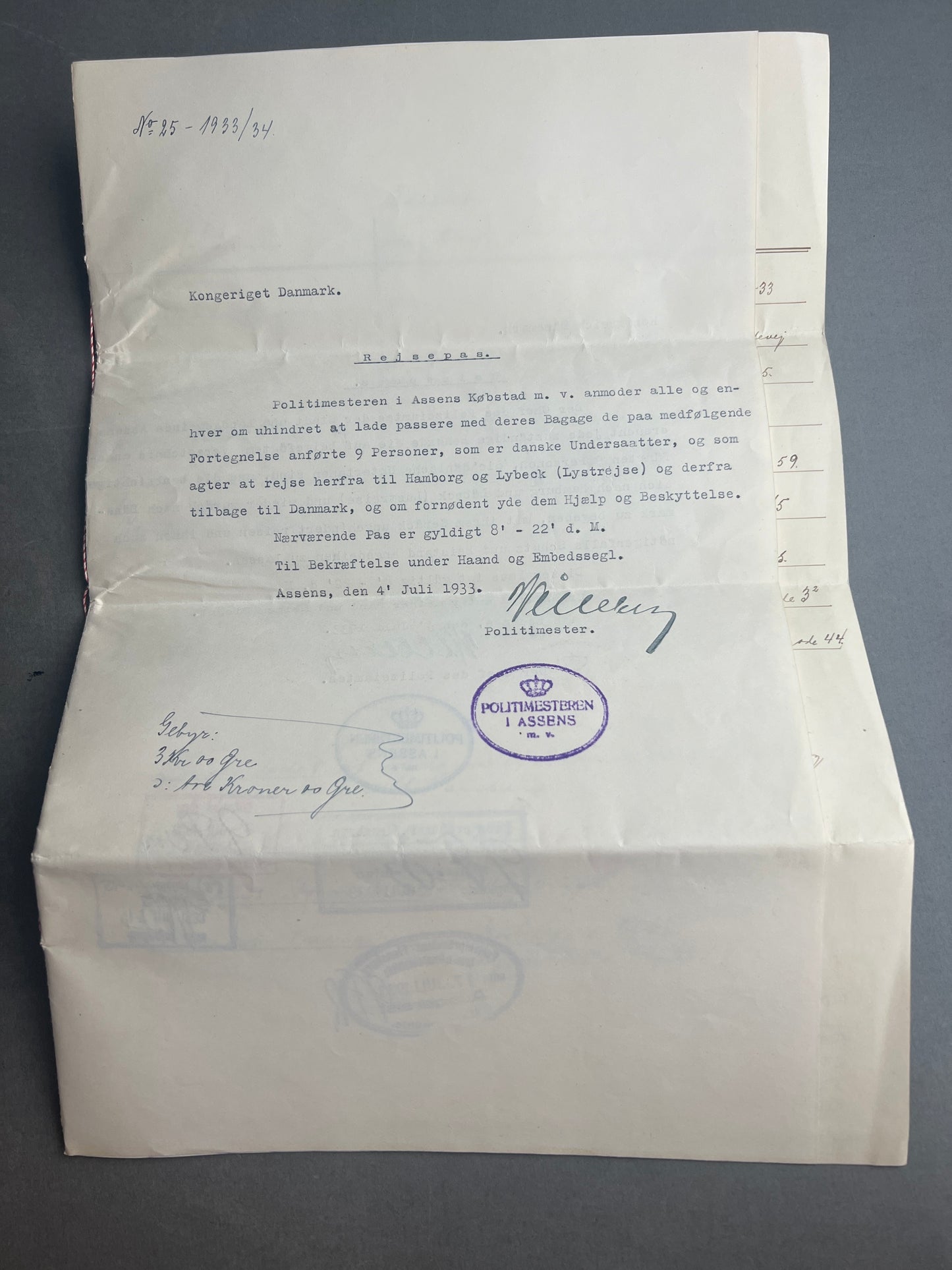 WW2 Dansk Politimester Passer- og rejsetilladelse.