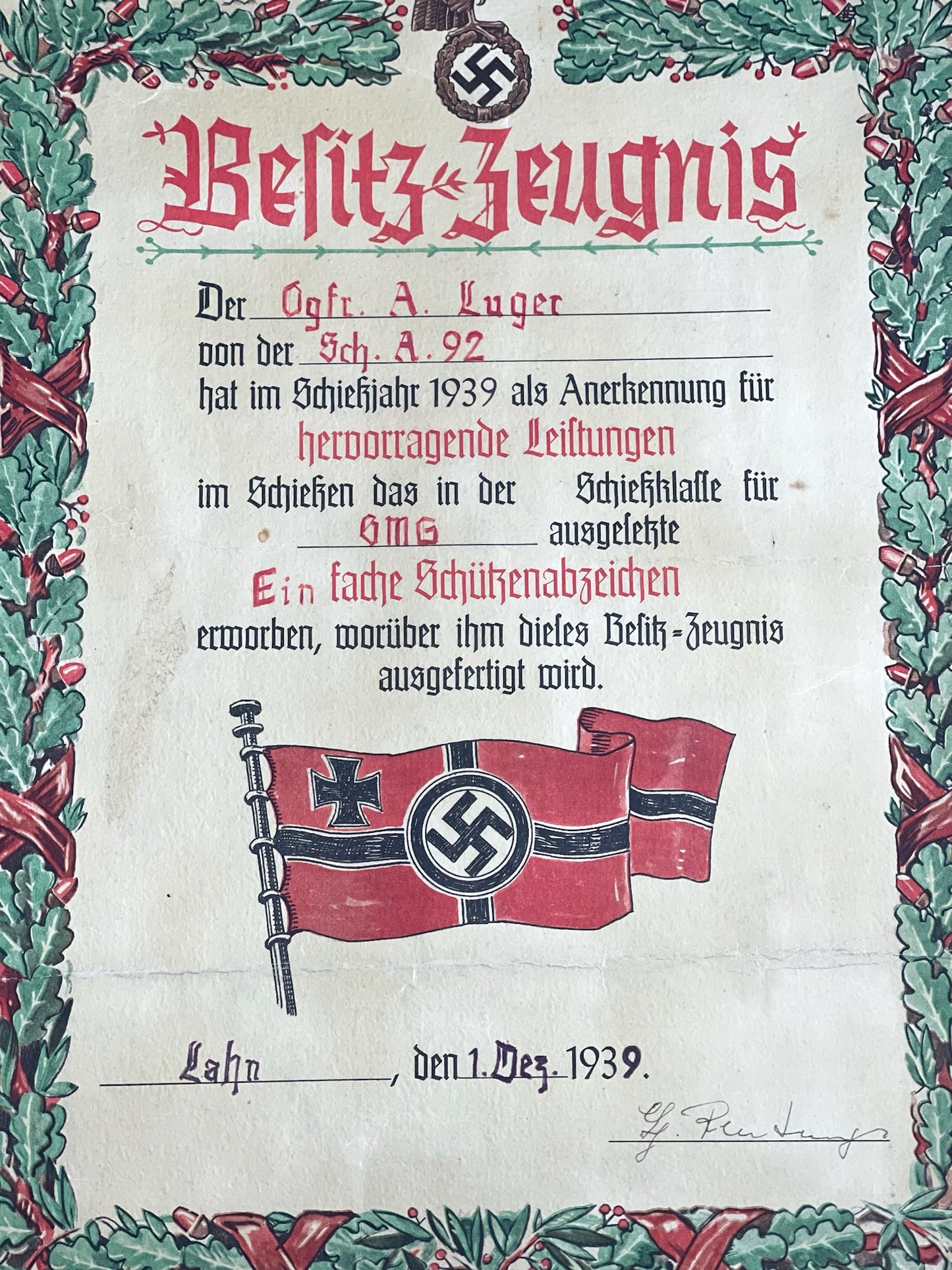 WW2 Tysk Luftwaffe Urkunde. Stor. A3-størrelse. Original.