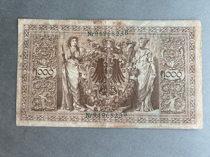 WW1 Tysk "Reichsbanknote" Pengeseddel. Fra 1910. Original.