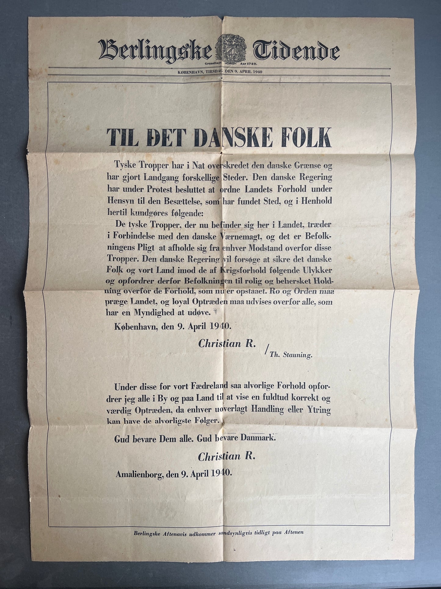 WW2 Dansk Berlingske Tidende "Spiseseddel" med kongens proklamation 9. april 1940. Original.