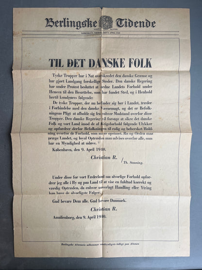 WW2 Dansk Berlingske Tidende "Spiseseddel" med kongens proklamation 9. april 1940. Original.
