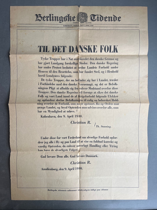 WW2 Dansk Berlingske Tidende "Spiseseddel" med kongens proklamation 9. april 1940. Original.