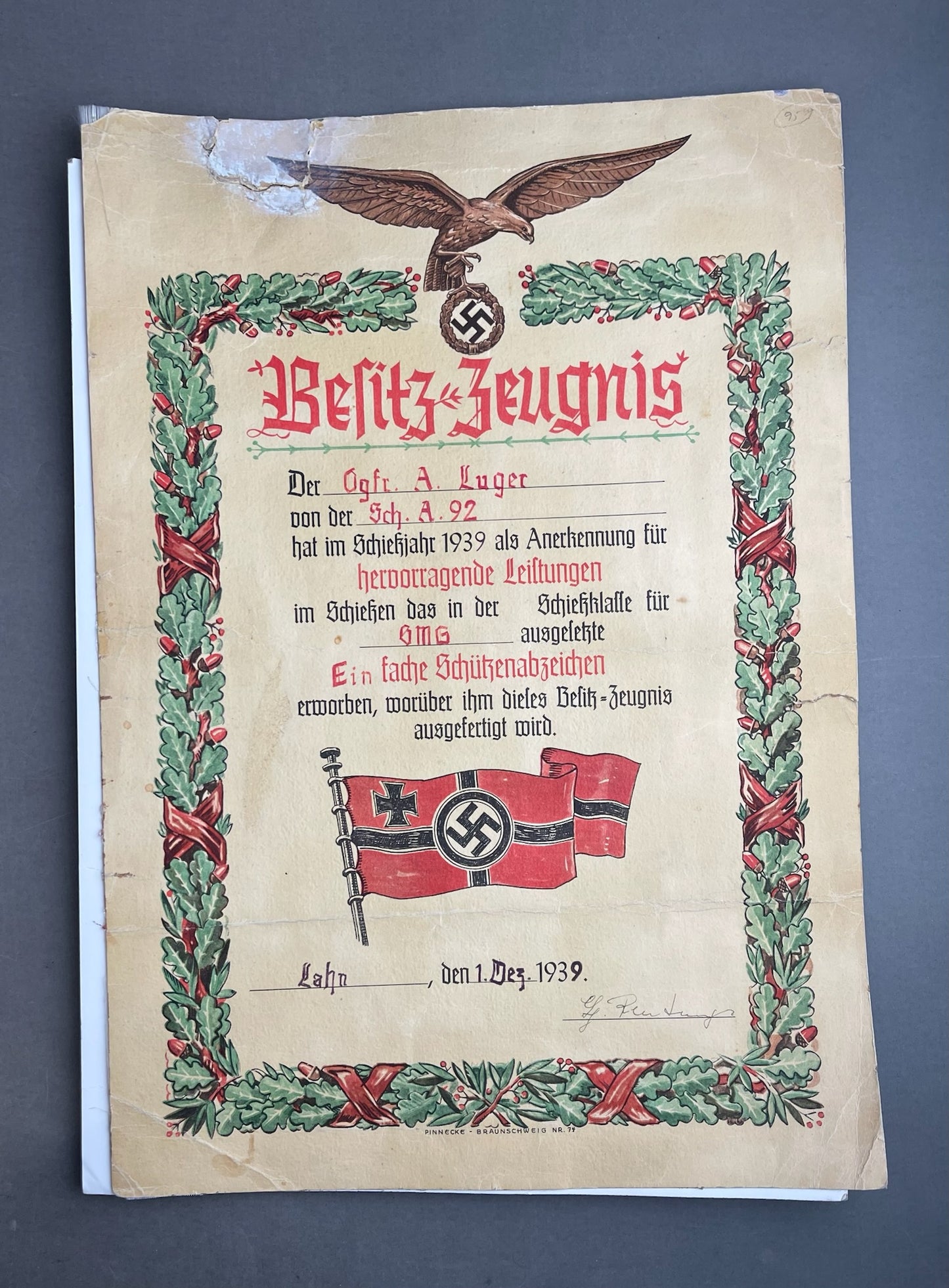 WW2 Tysk Luftwaffe Urkunde. Stor. A3-størrelse. Original.
