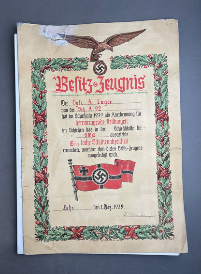 WW2 Tysk Luftwaffe Urkunde. Stor. A3-størrelse. Original.