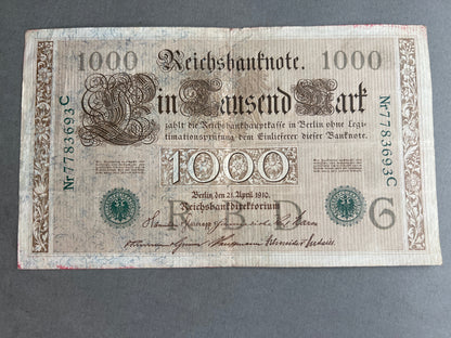 WW1 Tysk "Reichsbanknote" Pengeseddel. Fra 1910. Original.
