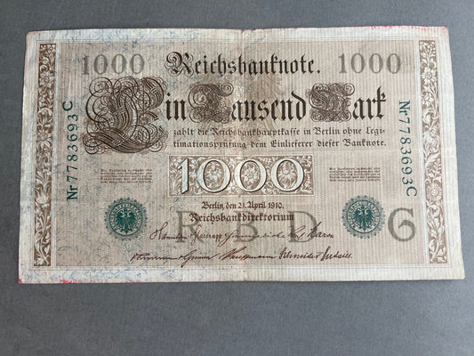 WW1 Tysk "Reichsbanknote" Pengeseddel. Fra 1910. Original.