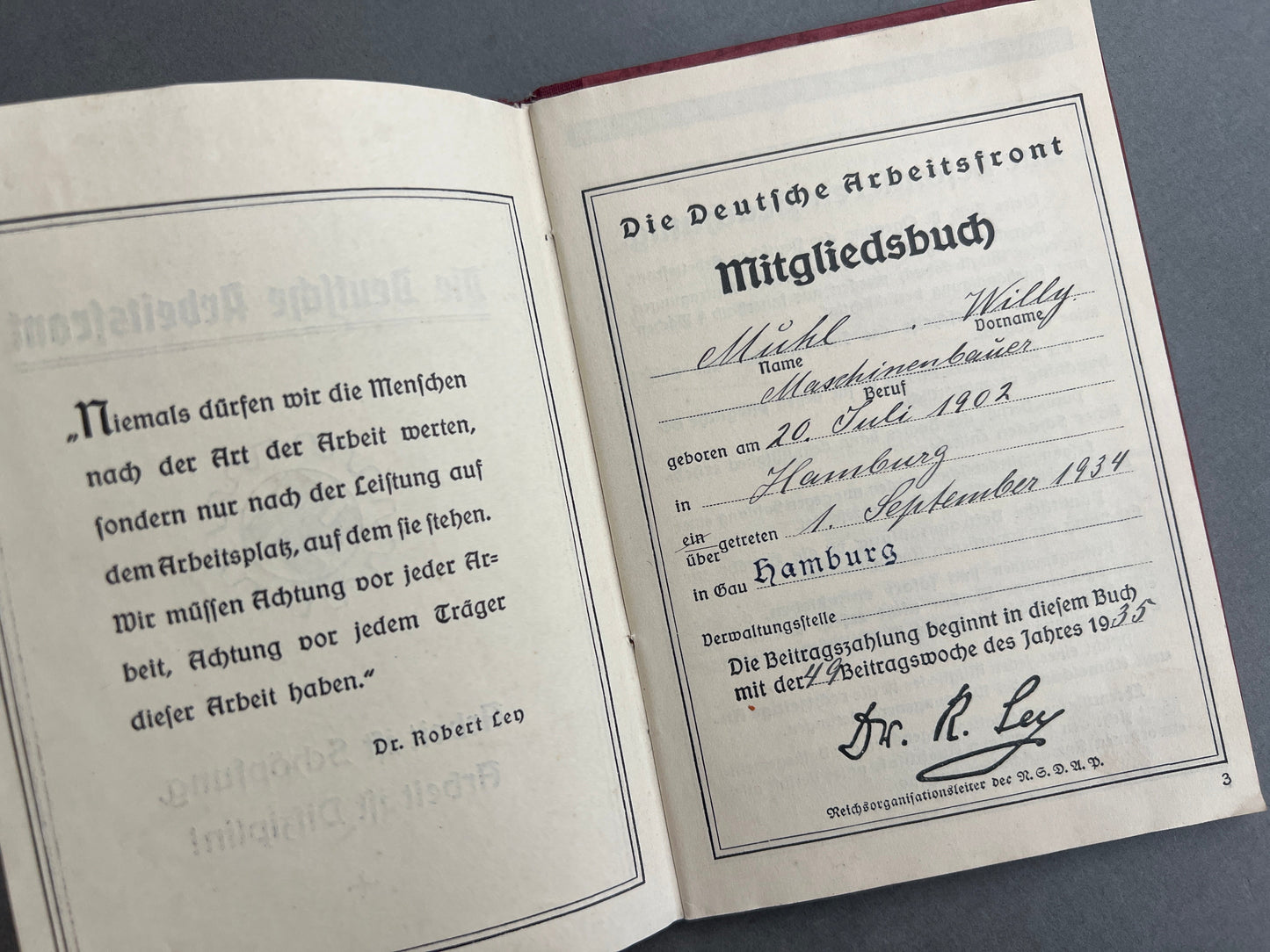 WW2 Tysk DAF Medlemsbog. Original.