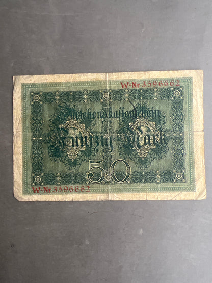 WW1 Tysk "Reichsbanknote" Pengeseddel. Original.