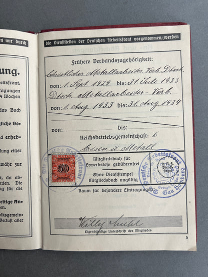 WW2 Tysk DAF Medlemsbog. Original.