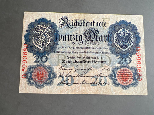 WW1 Tysk "Reichsbanknote" Pengeseddel. Fra 1914. Original.