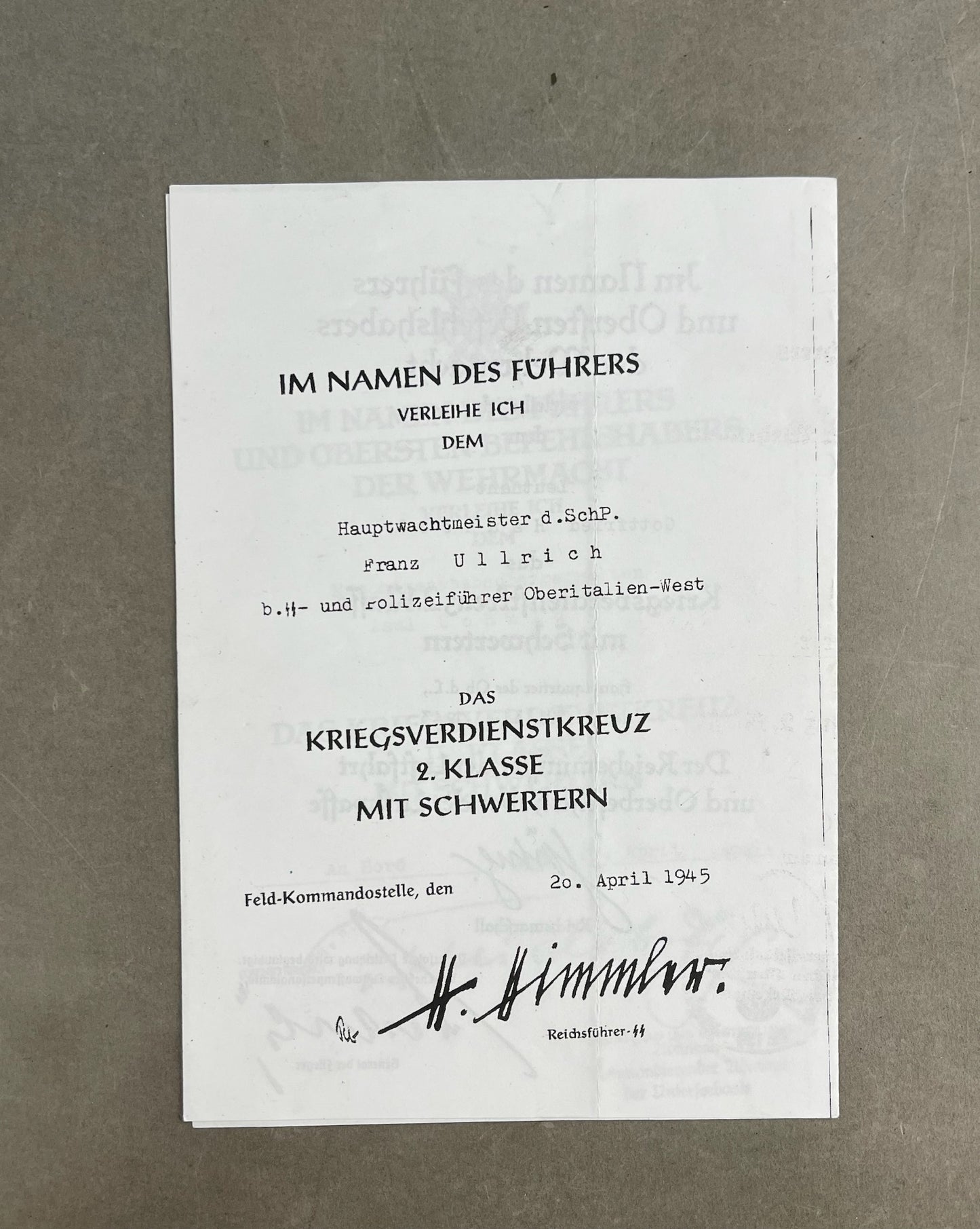 WW2 Tysk Fotokopi af Urkunder. Efterkrigs.