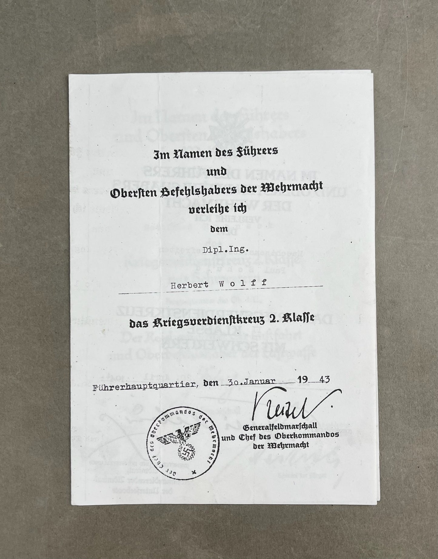 WW2 Tysk Fotokopi af Urkunder. Efterkrigs.