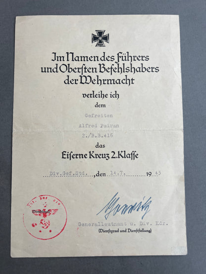 WW2 Tysk Jernkorset 2. klasse Urkunde. Original.