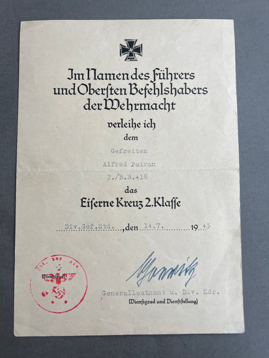 WW2 Tysk Jernkorset 2. klasse Urkunde. Original.