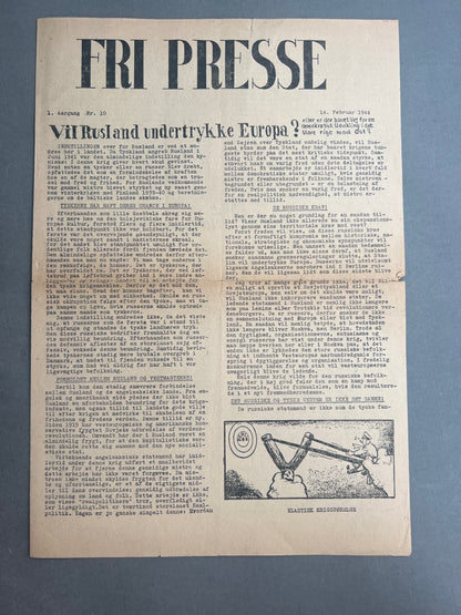 WW2 Dansk Illegal avis "FRI PRESSE" fra 1944. Original.