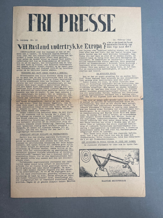 WW2 Dansk Illegal avis "FRI PRESSE" fra 1944. Original.