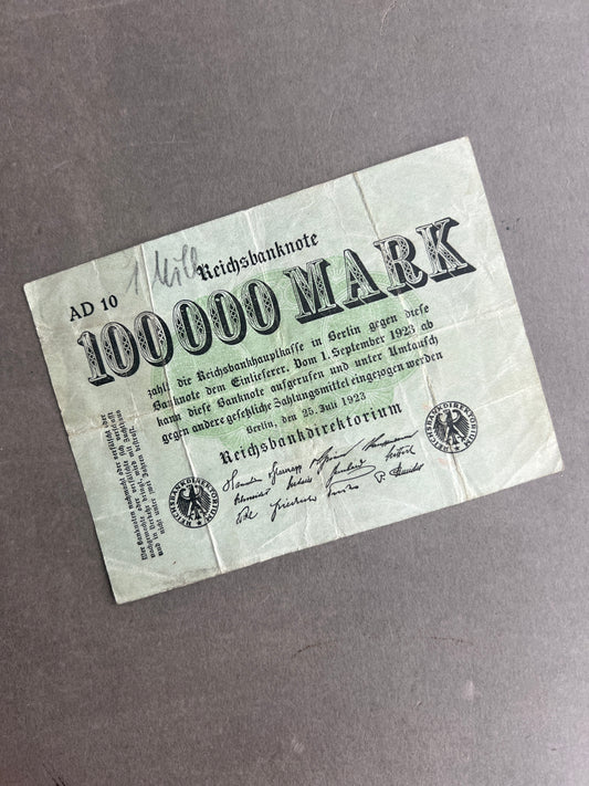 WW1/WW2 Tysk "Reichsbanknote" fra inflationen på 100.000. Original.