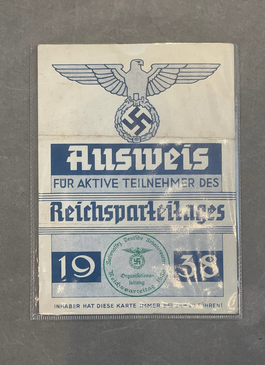 WW2 Tysk "Reichsparteitages 1938"-Ausweiss. Sjælden. Original.