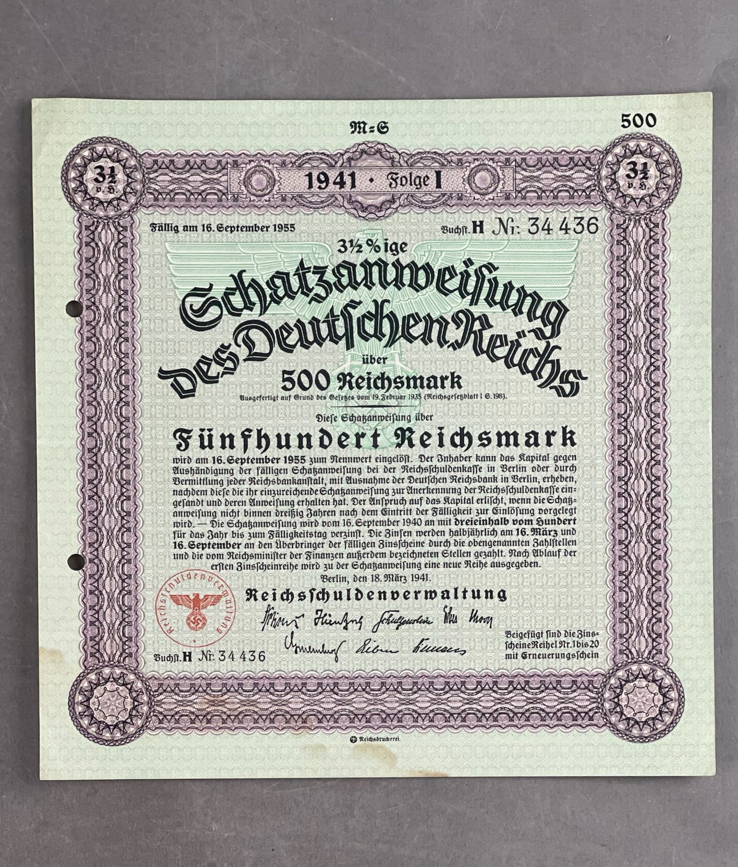 WW2 Tysk Stor Statsobligation "Schatzanweisung" på 500 Reichsmark. Sjælden. Original.