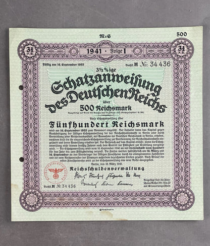 WW2 Tysk Stor Statsobligation "Schatzanweisung" på 500 Reichsmark. Sjælden. Original.