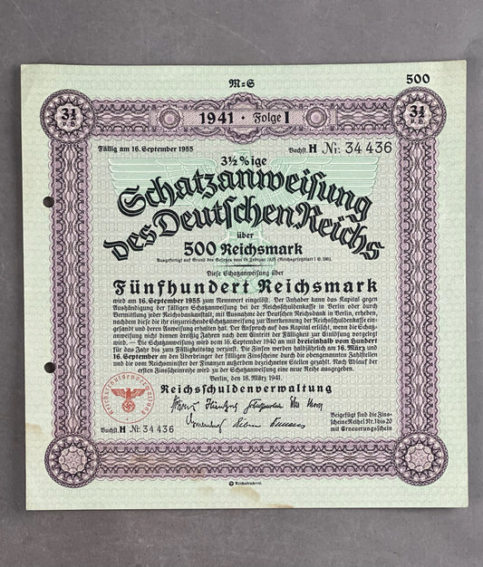 WW2 Tysk Stor Statsobligation "Schatzanweisung" på 500 Reichsmark. Sjælden. Original.
