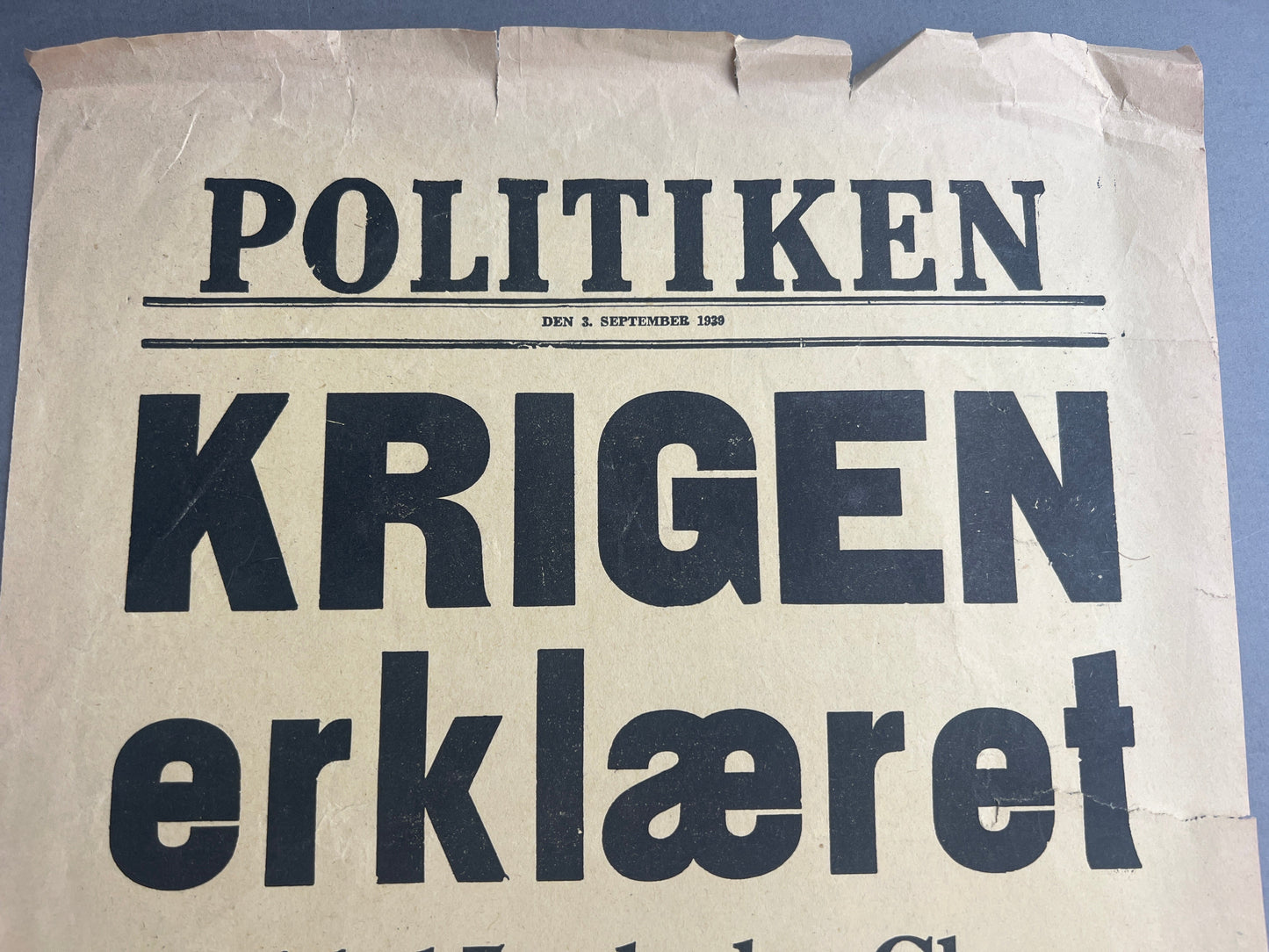 WW2 Dansk Politiken "Spiseseddel" om England erklærer Tyskland krig. A4-størrelse. Original.