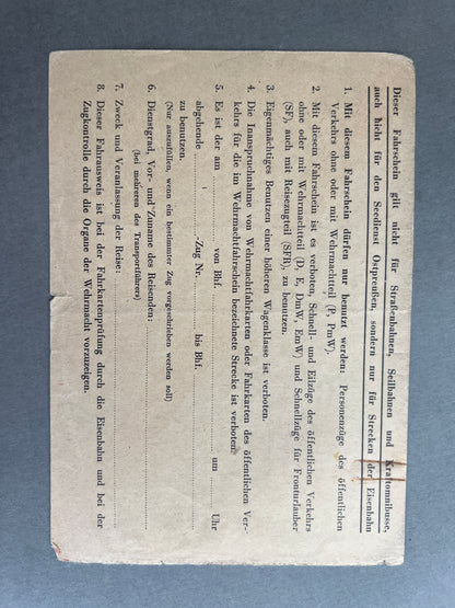 WW2 Tysk Wehrmacht "Kleiner Wehrmachtfahrschein". Ubrugt. Original.
