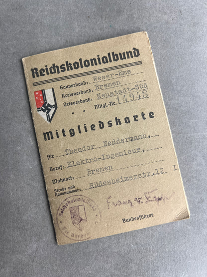 WW2 Tysk "Reichskolonialbund" Medlemsbog. Original.