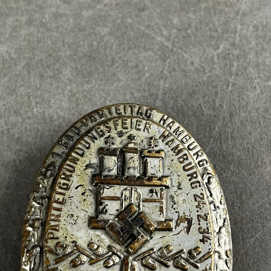 WW2 Tysk Tidlig 1934 NSDAP Tinnie fra 1. partimøde "Parteigrundungsfeier". En af de bedre. Original.