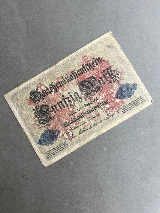 WW1 Tysk "Reichsbanknote" Pengeseddel. Original.