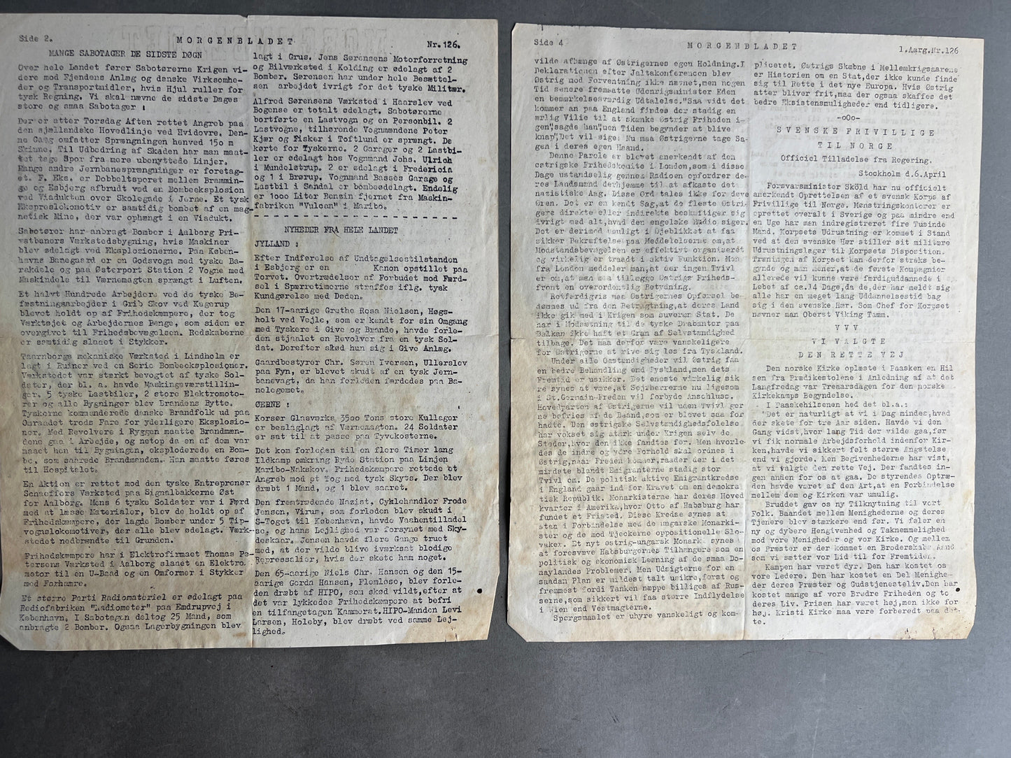 WW2 Dansk Illegalt Blad "Morgenbladet" fra 1945. Original.